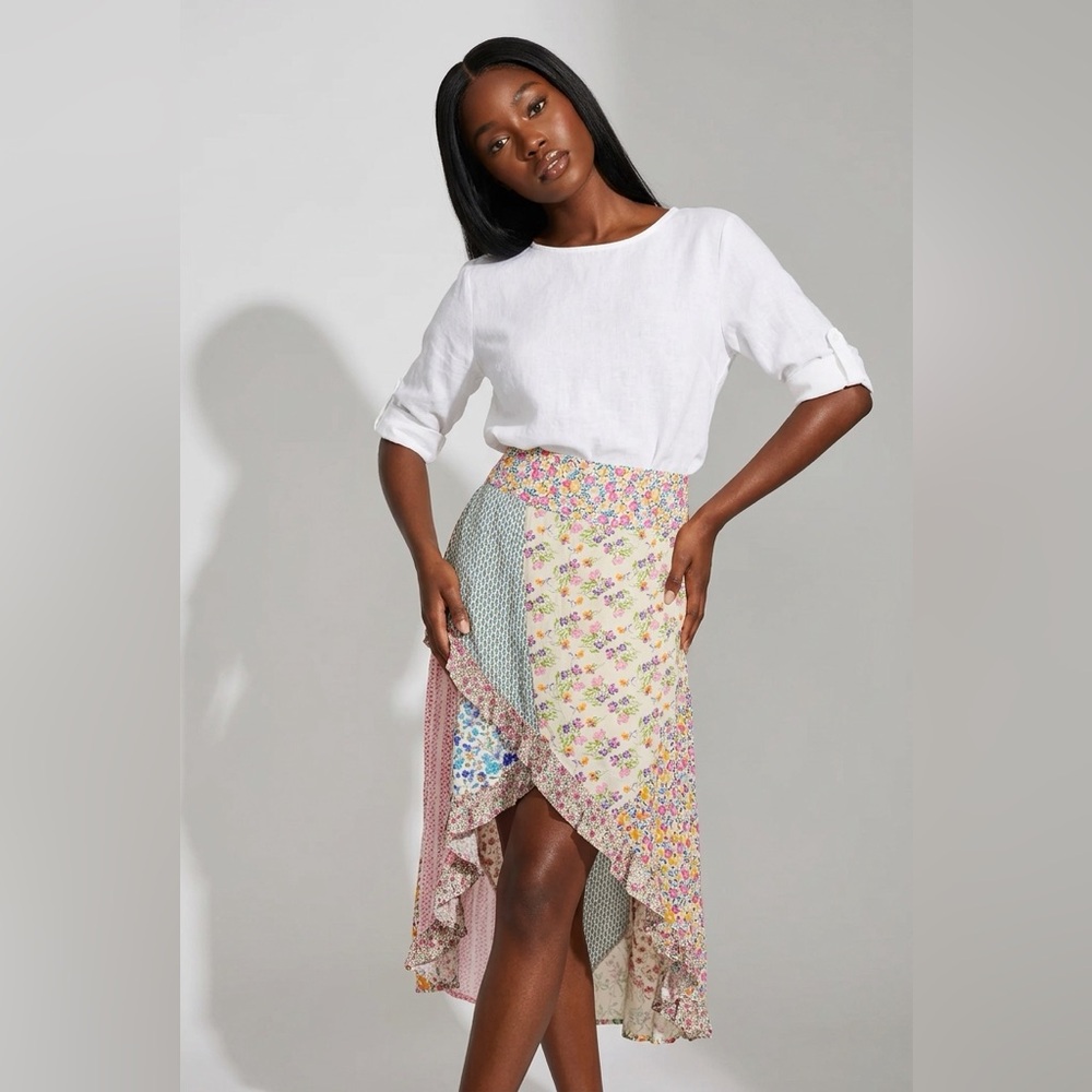 JADED GYPSY L/XL Patchwork Floral High-Low Ruffle Skirt - Multicolor